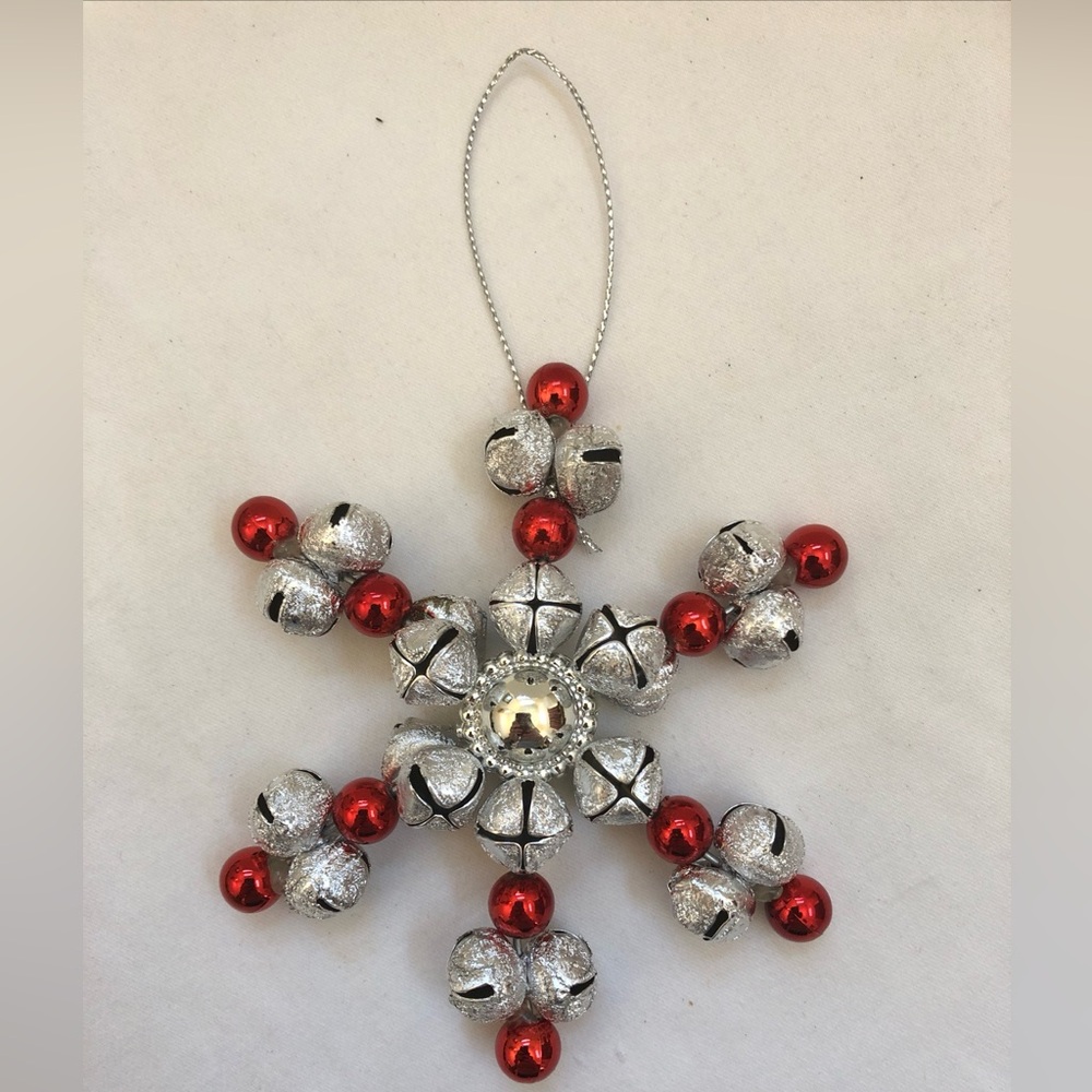 Jingle Bells Snowflake Vintage Christmas Ornament Star Silver Red Rings Hanging